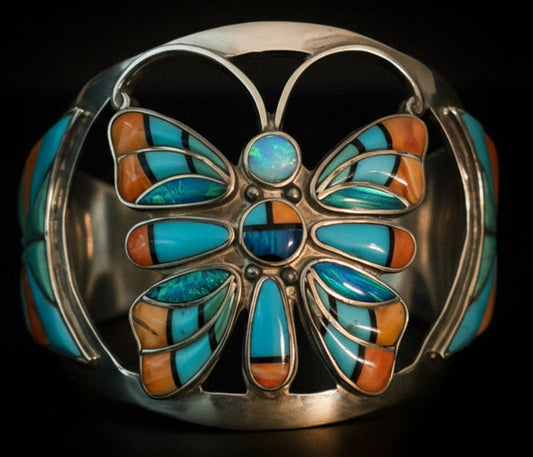 Vintage Sterling Silver cuff bracelet Turquoise Coral Opal Inlay